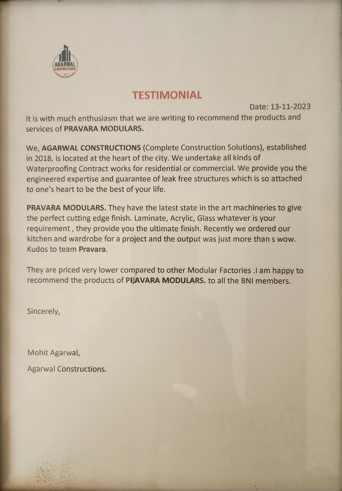 Customer testimonial